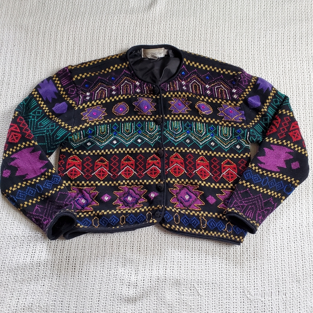 Vintage All Week Cardigan Sweater Women's Large Geometric Embroidered Beaded